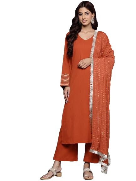 Varanga Women Rust Solid V-Neck Embellished With Gota Straight Kurta Paired With Tonal Bottom And Dupatta