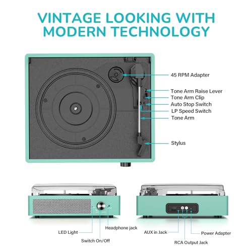Image of Record Player for Vinyl with 2 Build-in Speakers LP Vinyl Players Belt-Driven Vintage Turntables 3 Speed 3 Size, Wireless Bluetooth Playback, AUX-in, RCA Out, Headphone, Auto Stop,Water Blue