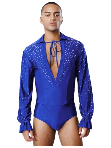 Agoky Herren Langarm Glitzer Body V-Ausschnitt Latein Tango Tanz Leotard Strasssteine Tanzbody Gymnastikanzug Turnanzug Eislaufen Wettbewerb Kostüm Königsblau M