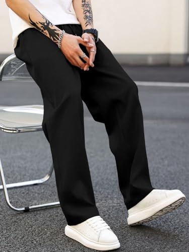 Image of MULAVRI Solid Drawstring Relexed Fit Modern Straight Leg Pants for Men's