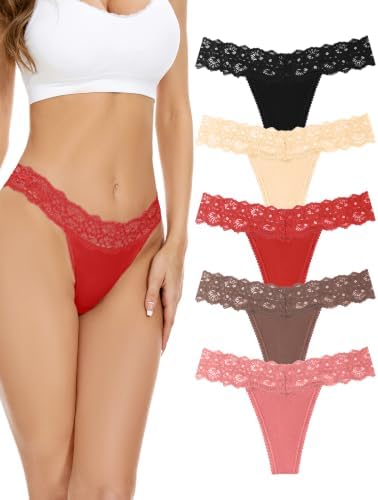 voenxe Seamless Women Thong,No Show Lace Underwear,Cotton-Like Soft Undies