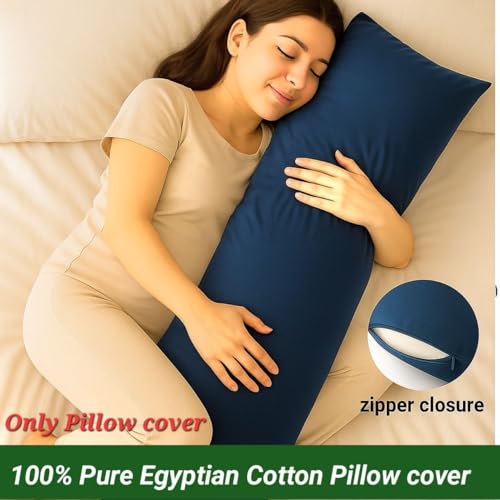 Image of 100% Cotton 600 TC Body Pillow Cover - Ultra Soft & Breathable Long Pillowcase | Zipper Closure | 20 inchx54 inch |Navy Blue | Ideal for Pregnancy, Side Sleepers & Full Body Support