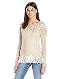 Jolt Women's Round Neck Pullover Cable Sweater with Lace Hem