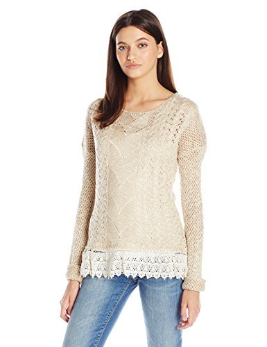 Jolt Women's Round Neck Pullover Cable Sweater with Lace Hem