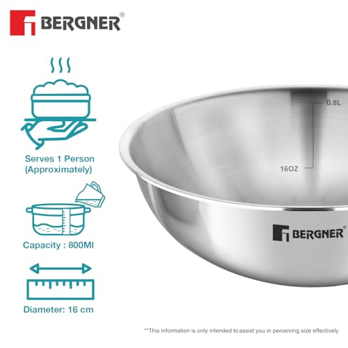 Image of BERGNER Argent 16cm (800ml) Triply Tasra, Mini Tasla Without Lid, Consumes Less Oil, Healthy Cooking, Even and Faster Heat Distribution, Flared Rim, Easy to Clean - Induction and Gas Stove Ready