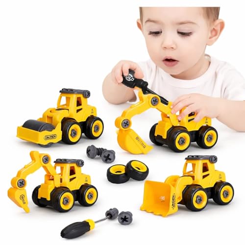 Image of Mechanical DIY Construction Vehicle Toy Set of 4 for Kids | STEM Engineering Building Truck Toys with Tools | Sandbox Construction Toys for Boys & Girls Age 3-6 Years | Birthday Gift for Toddlers