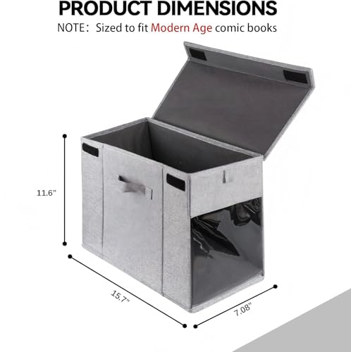 Image of 3 Pack Comic Book Storage Box with Lid, Collapsible Magazine Organizer with Clear Window, Heavy Duty Case Container Holder, Grey