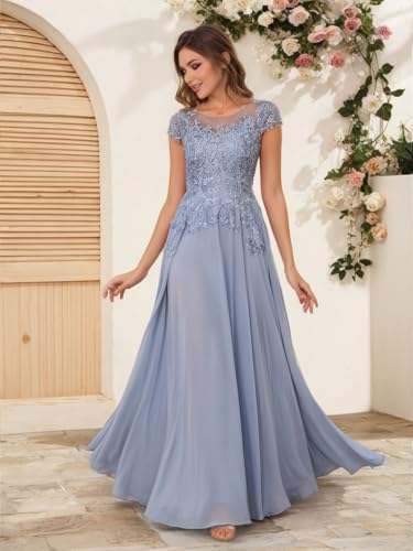 Mother of The Bride Dresses Chiffon Lace Applique Short Sleeve Mother of The Groom Dress Long Formal Dress with Pocket4