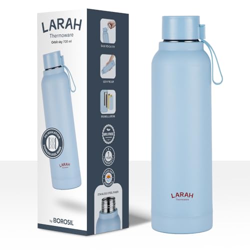 Image of Larah by Borosil 700 ml Orbit Sky Stainless Steel Water Bottle | Made in India Pu Insulated Thermoware | Leakproof, BPA Free| Bottle for Office, School, College & Gym, Daily Use | 1 Year Warranty