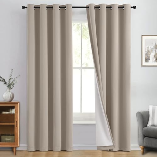 Image of Yakamok Natural Blackout Curtains 96 Inches Long for Bedroom 50 inch Wide 2 PCS | Blackout Curtain Panels for Bedroom, 2 Thick Layers Grommet Top Thermal Insulated Drapes with White Back for Living Room