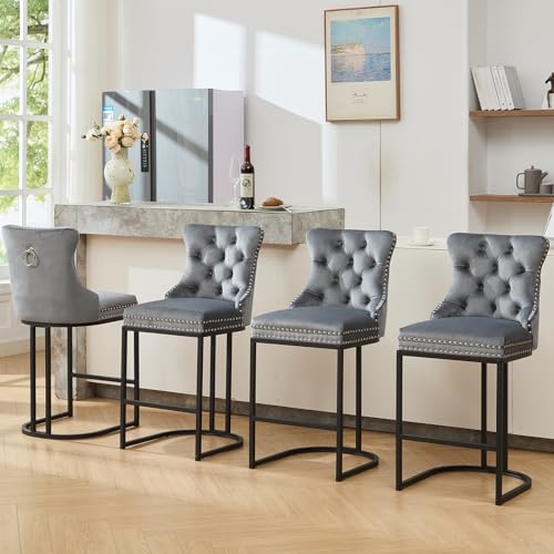 UVV 26" Counter Height Bar Stools Set of 4, Velvet, Gray