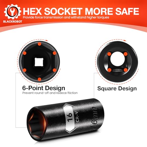 Image of BLACKROBOT 1 /2 Inch Drive 6-Point Deep Socket, 16mm Deep Impact Socket, CR-V Steel