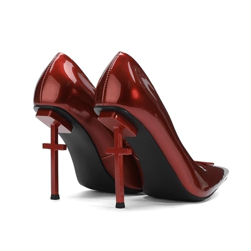 Women's Heeled Pumps Metallic Red Patent Leather High Heel Shoes Cross Detail Stiletto Heels Shoes Pointed Toe Design Dress Shoes4