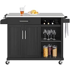 Topeakmart Kitchen Island with Stainless Steel Top and Storage Cabinet Kitchen Cart On Lockable Wheels with Drawer Open Shelves Wine Rack and Spice Rack for Dining Room 36 Inch Height Black