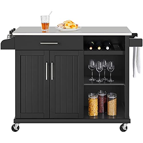 Topeakmart Kitchen Island with Stainless Steel Top and Storage Cabinet Kitchen Cart On Lockable Wheels with Drawer Open Shelves Wine Rack and Spice Rack for Dining Room 36 Inch Height Black