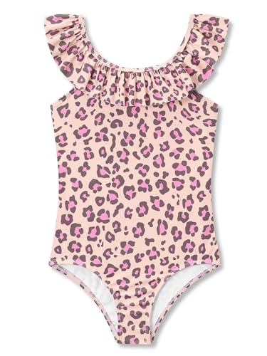 Image of Dvenki Toddler Girls One Piece Swimsuit Adjustable Straps Sizes 2T-10 | quick-dry swim fabric, skin-friendly, ruffle neckline, leopard, check, mermaid prints, swimwear for beach, pool, summer party