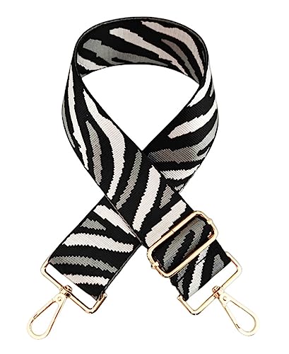 Image of Zebra Pattern Adjustable Bag Strap Replacement 2inch Wide Striped Jacquard Woven Belt for Purse Shoulder Guitar Camera Bag (Black White Grey)
