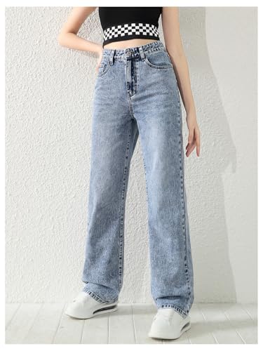 SweatyRocks Girl's High Waisted Solid Straight Leg Jeans Casual Loose Denim Pants Medium Wash 14 Years3