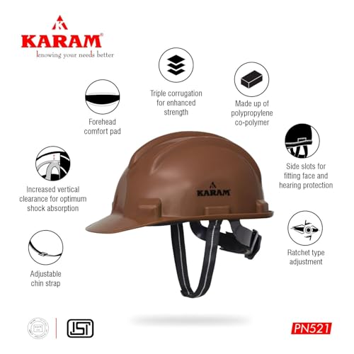 Image of KARAM PN521 Safety Helmet for Men Construction Helmet | Ratchet Type Adjustment with Adjustable Chin Strap | Work Helmet with Side Slot for Attachment | is:2925:1984 Certified | Brown | Pack of 3