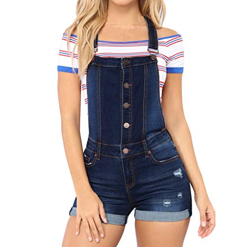 VEKDONE Women Jeans Denim Shorts Classic Ripped Short Overalls Adjustable Denim Bib Overall Shorts Romper(Dark Blue,Small)