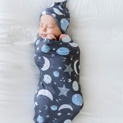 Image of Little Sleepies Swaddle & Hat Set, Baby Swaddles Newborns, Soft Viscose from Bamboo Swaddle Blanket Wrap (Blue to the Moon & Back)