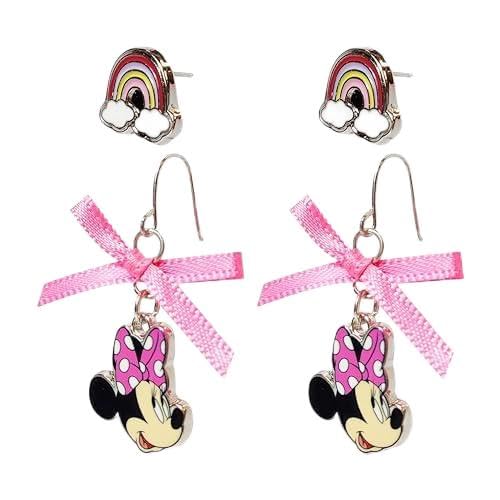 LUV HER Disney Earrings: 2 Minnie Mouse Hypoallergenic Earrings for Girls (1 Stud Earrings & 1 Fishhook Drop) with Charms One Size Fits All Girls Earring Disney Accessories fo Ages 4+