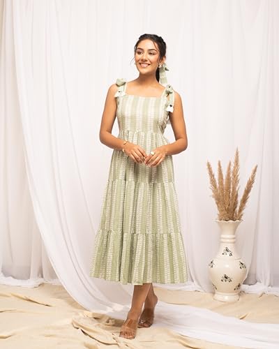 Image of FIORRA Women's Fit And Flare Knee Length Cotton Block Printed Western Knee-Length Dress