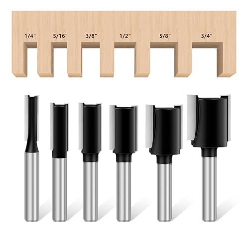 Feanron Double Fluted Straight Cut Router Bit Set 1/4 Shank, 6 Pcs Carbide Tipped Plunge Router Drill Bit, Woodworking Tools Milling Cutter for Grooving, Cut Dia in 3/4