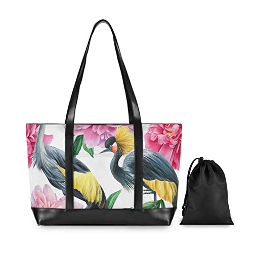 susiyo Peonies and Birds Crane Laptop Tote Bag for Women 15.6 Inch Canvas Zip Large Travel Shoulder Handbag Business Office Work Bag Briefcase2