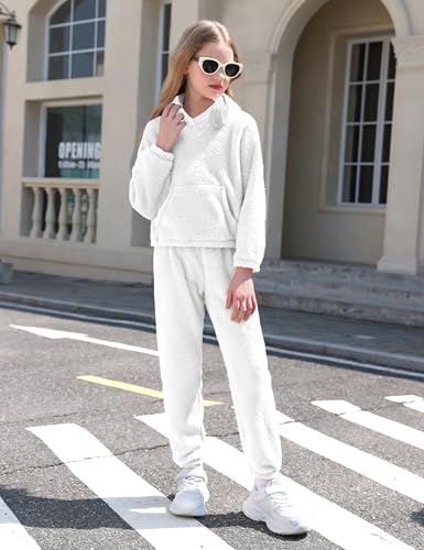 Image of Shallmu Girls Fuzzy Bear Ear Plaid Hoodie Pullover Sweatshirt with Pocket Sweatpants Fall Winter 2 Piece Outfits
