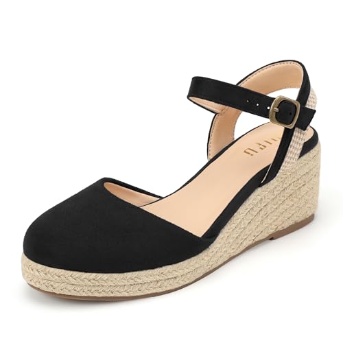 IDIFU Black Wedge Sandals Women's Espadrille Platform Closed Toe Ankle Strap Low Heel Summer Shoes Sandals(Black, 8.5)