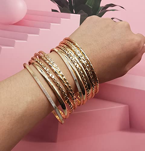 12Pcs Bangle Collection Alloy Metal Textured Color Design Jewelry Large Size Bangle Bracelets Set for Women(Gold)2