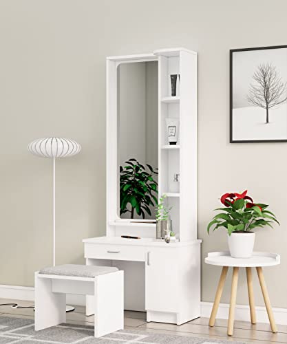 Image of Bniture Wooden Dressing Table for Bedroom with 1 Drawer, Mirror and Huge Storage Space with Stool | Long Dresser Vanity Table with Mirror(40D x 68W x 175H CM) (Frosty White)
