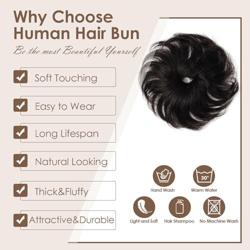 KISANOF Messy Bun Hair Piece 100% Real Human Hair Natural Black Wavy Tousled Stretchy Fluffy Donut Updo Elegant Chignon with Elastic Rubber Band(2 Count #1B Natural Black