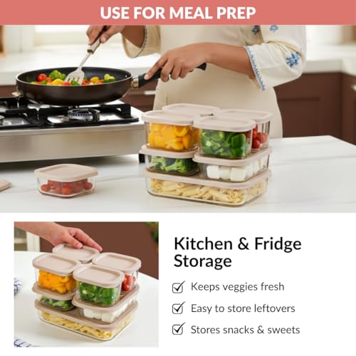 Image of Nestasia Groovo Glass Containers with Lid Set of 7 (310ml x 4, 520ml x 2, 1200ml x 1) - Transparent Stackable Fridge Storage Box, Microwave & Dishwasher Safe (Beige)