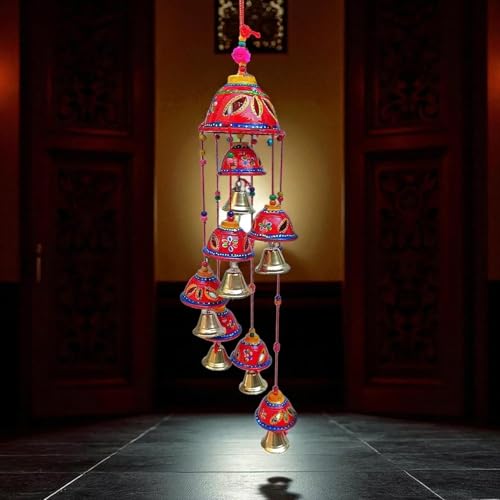 Image of Bindian Rajasthani Handcrafted 8-Bell Hanging Windchimes | Traditional Plastic Latkan for Home Decor, Vastu & Positive Energy | Elegant Wall Hanging for Balcony, Living Room (Red-2)