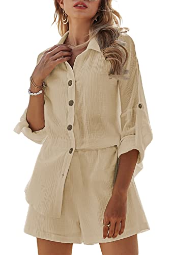 Fixmatti Women's Casual 2 Piece Outfit Long Sleeve Shirt Loose Shorts Set Tracksuit Sweatsuit Apricot S #TOP14