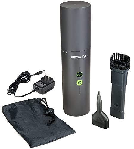 Genesis GLVC08B 8V Rechargeable Compact Vacuum and Inflator with Dust Brush, Inflator Nozzle, 2.0 Ah Battery, Charger, and Accessory Storage Bag, 2-Year Warranty,Gray