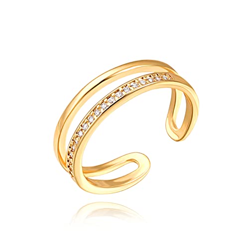 PERNNLA PEARL 18K Gold CZ Fake Diamond Stackable Rings Cute Thin Gold Engagement Adjustable Open...