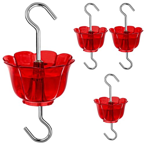 SIXTOYZF Ant Moat for Hummingbird Feeders 4 Pack,2 oz Capacity,Suitable for Outdoor Yard Hanging Feeders,Hummingbird Feeder Ant Guard,Rustproof S Hooks,Sturdy,Leakproof,Red Flower Shape