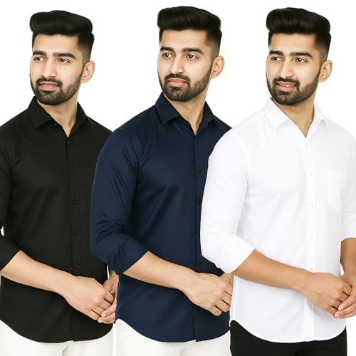 Image of Men's Polycotton Solid Shirt Pack of 3 | Regular Fit Full Sleeve Casual & Formal Wear Shirt Combo for Men | Soft & Durable Shirts