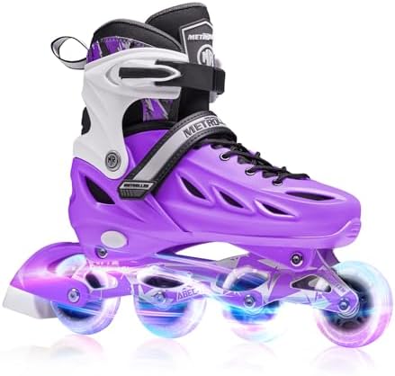 METROLLER Inline Skates for Girls and Boys, Women, Men 4 Sizes Adjustable Inline Skates with Light Up Wheels, Illuminating Beginner Skates for Kids 5-8 8-12 & Adult Youth.