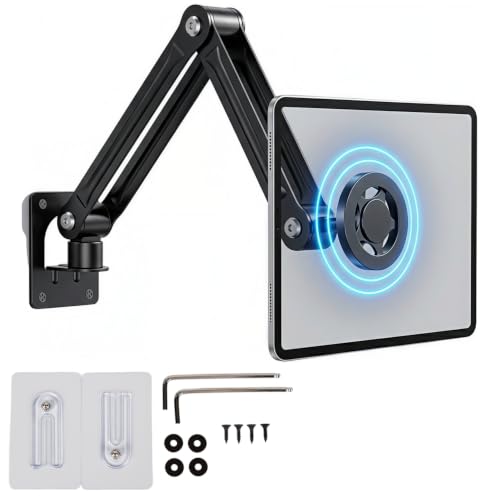 Image of ZORBES Magnetic Tablet Wall Mount, 360 Rotating Alloy Steel Stand with MagSafe & Metal Ring, Portable Monitor Stand Foldable Arm for 4.7-13 inch iPad /Phone /Tablet