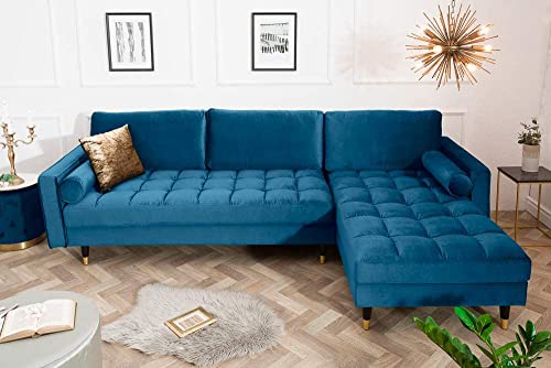 Ecksofa 260cm Ottomane beidseitig Comfort blau Samt Federkern Design Elegant 3er-Sofa Lounge – Bild 5