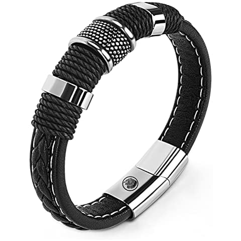 Casisto.J Mens Leather Bracelet - Classic Handmade Braided Black & Brown Cuff Bracelet with Engraved Magnetic Clasp Free Jewelry Gift Boxed Cover