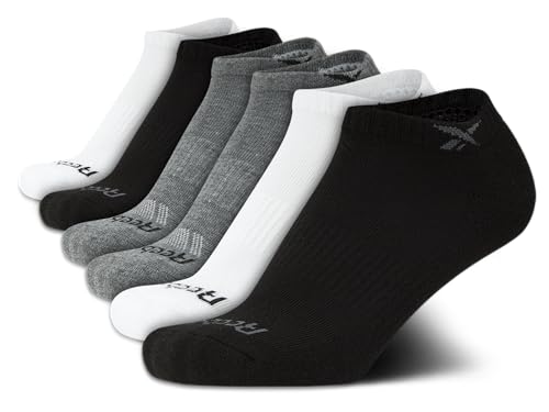 Reebok Boys' Ankle Socks - 6 Pack Moisture-Wicking Low Cut Athletic Low Cut Socks for Boys with Arch Support (Sizes: S-L), Size Large, Black/White/Grey
