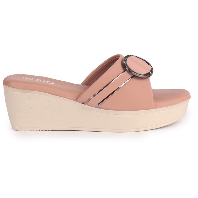 Image of FAUSTO Women Buckle Design Wedge Heel Sandals | Comfortable Slip-On Platform Slides For All Day Wear, Casual and Party | Soft Cushioned Insole