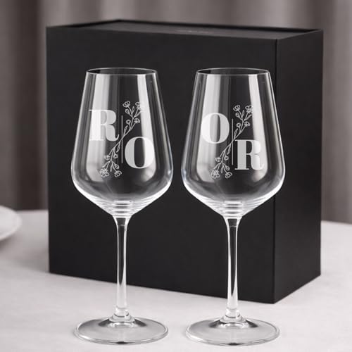 Wanapix | Calice di Vino Personalizzato | Con Scatola Regalo | Set da 2 | Bicchiere da Vino | Cristallo di Boemia | Inciso al Laser | 45 cl | Regalo originale | Iniziali