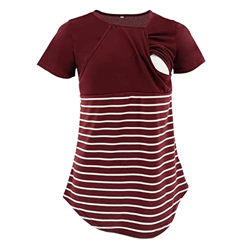 Ropa de cuello redondo de moda para madres embarazadas y lactantes, camisetas a rayas para mujer, camisetas cortas de maternidad, rosso, L