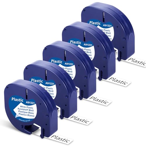 5X Cintas Fimax 91221 Compatibles para Dymo LetraTag Label Tape, 12mm x 4m Cinta Etiquetadora Negra sobre Plástico Blanco, para Dymo LetraTag LT-100H LT-100T XR 200B XM